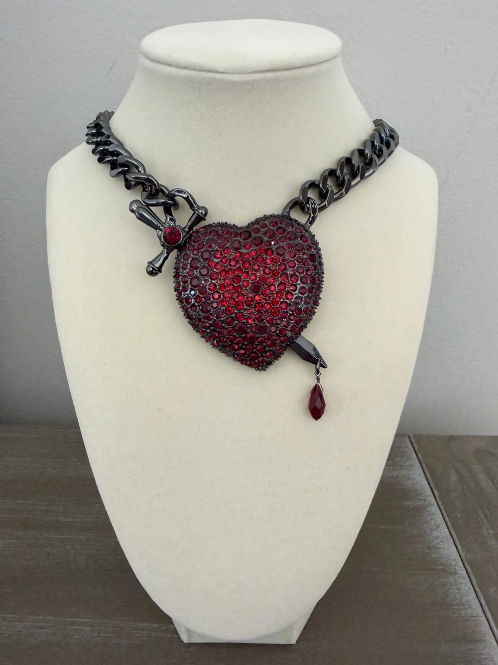 Betsey Johnson Hematite Tone Heart & Dagger Necklace